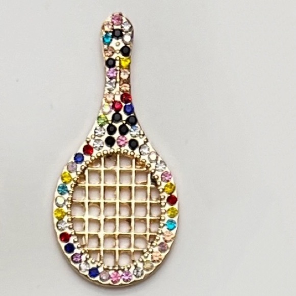 🎾Gold Badminton Racket Set with Multicolor Rhinestone Crystals 2” Earrings - Picture 2 of 4